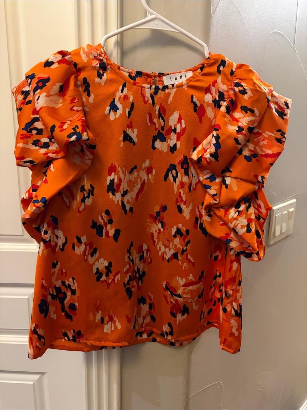 THML Orange Multicolor Ruffle-Sleeve Blouse